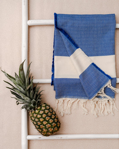 blue fishbone hammam towel made of recycled cotton