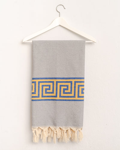 yellow and blue meander hammam towel made of recycled cotton 