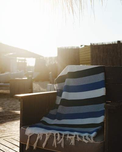 striped blue grey black white hammam towel made of recycled cotton